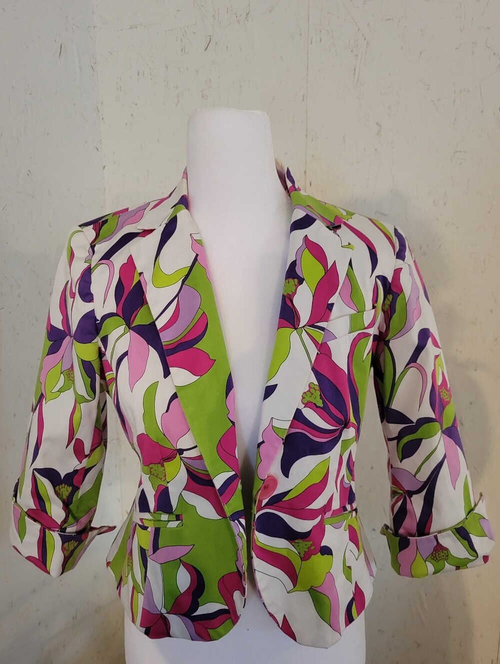 A-Line Stretch Floral Print Women's Blazer in White, Pink & Green Size 4p
